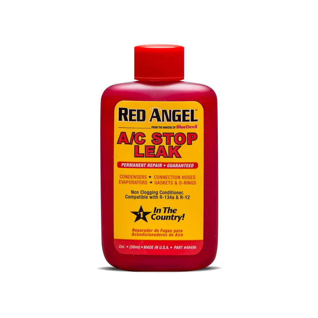 Red Angel A/C Stop Leak bottle, red 2 oz container with red cap.