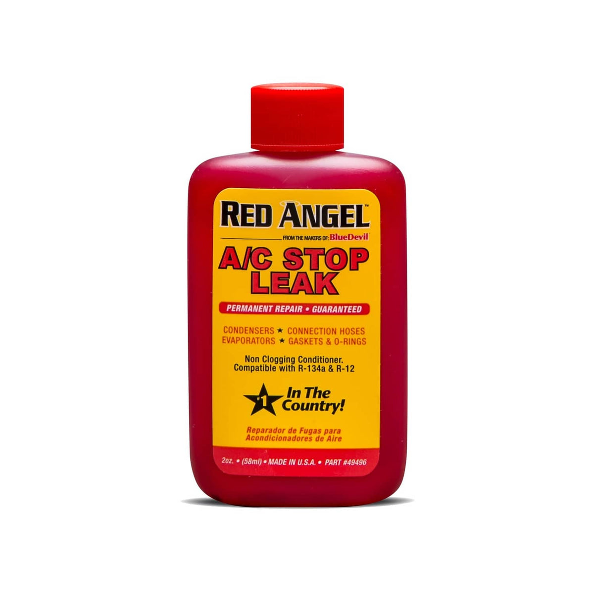 Red Angel A/C Stop Leak bottle, red 2 oz container with red cap.