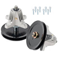 Deck spindle assembly set with black pulley, silver housing, and included mounting bolts
