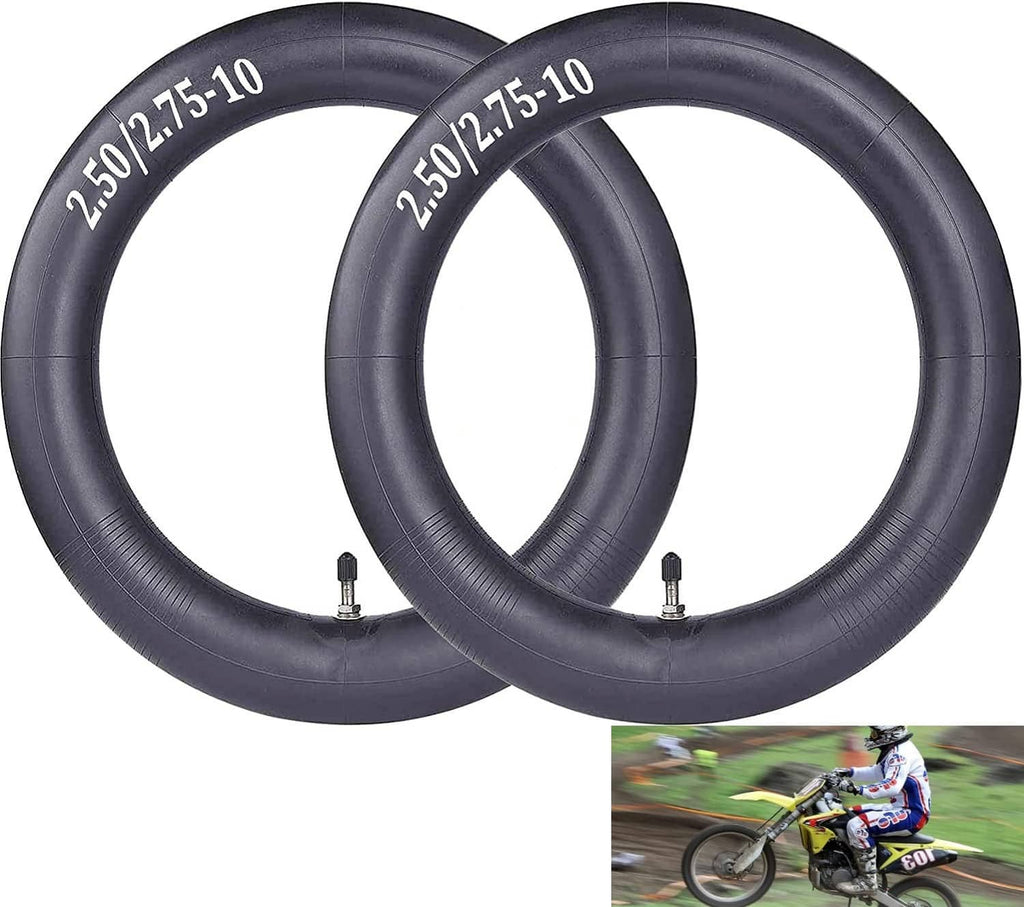 Black 2.50-10 dirt bike inner tubes, dual pack, with valve stems