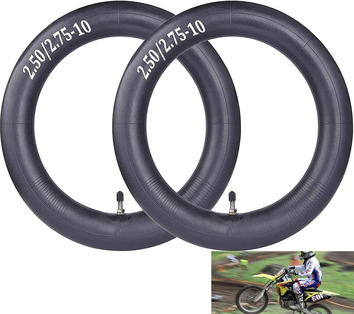 Black 2.50-10 dirt bike inner tubes, dual pack, with valve stems