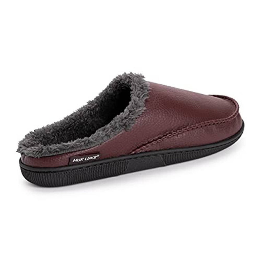 Faux leather clog mule with gray plush interior, rounded toe, black outsole