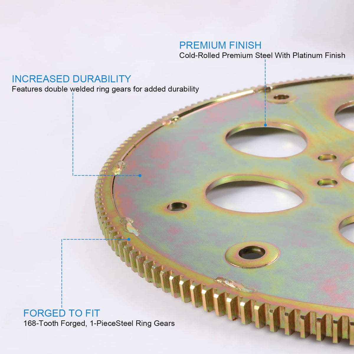 Rainbow-finish steel ring gear with gear teeth, close-up angled view