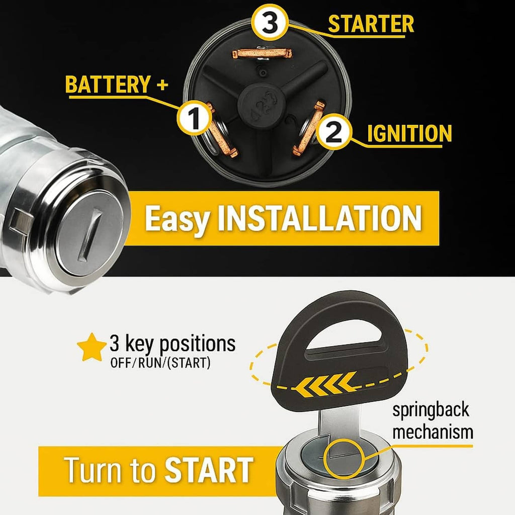 Key switch showing 3 key positions with springback mechanism, black housing