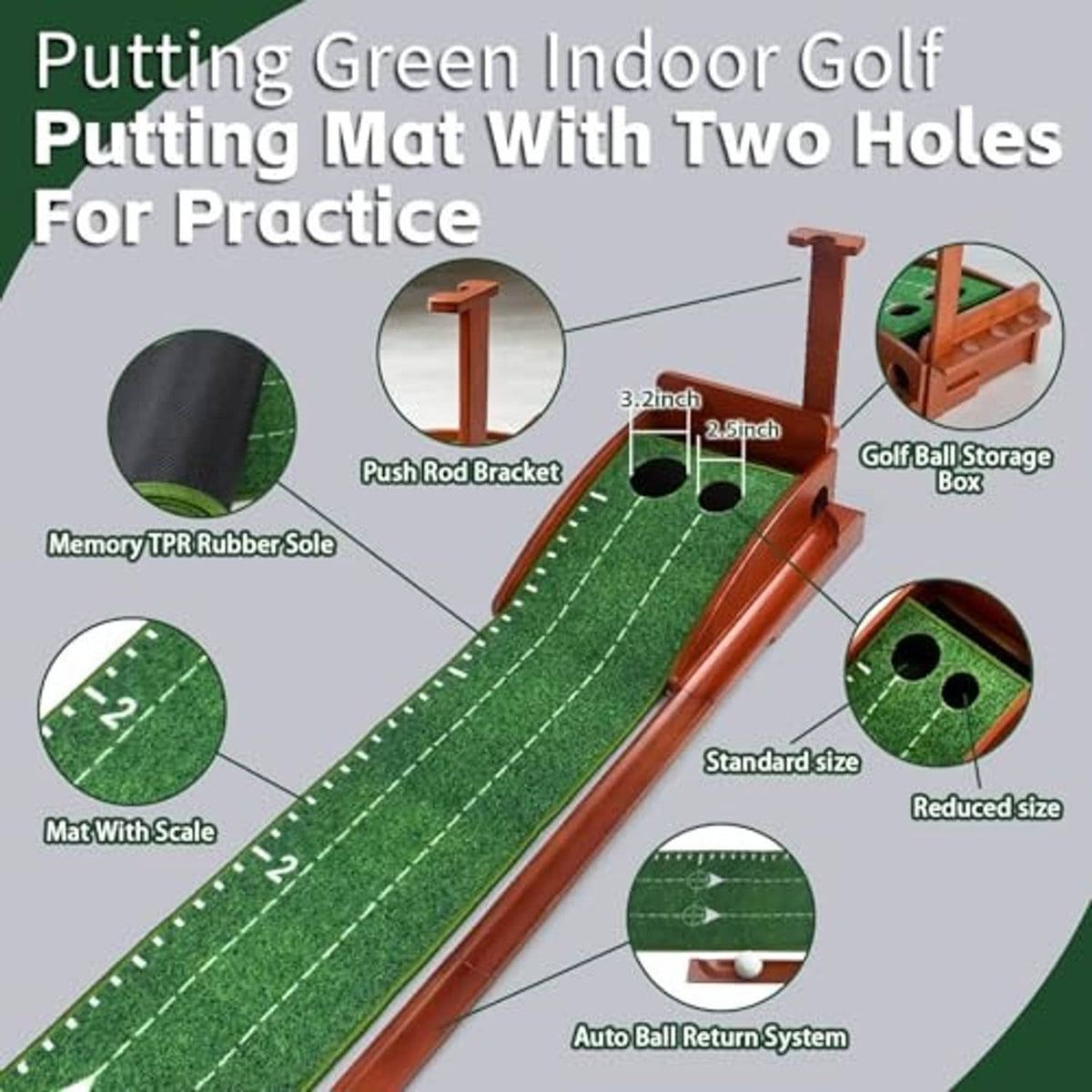 Indoor putting green mat with two holes, brown rails, and auto ball return system