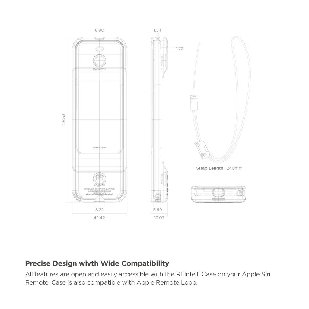 Silicone remote case design diagram with strap length and connector details.