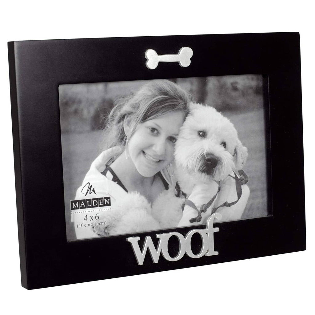 Black wood pet photo frame with bone topper and 'Woof' word detail, holds 4x6