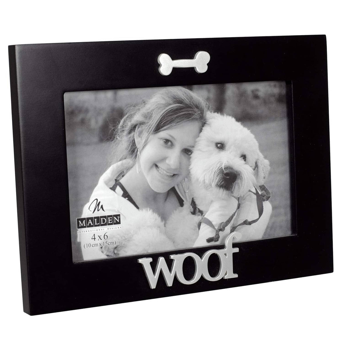 Black wood pet photo frame with bone topper and 'Woof' word detail, holds 4x6