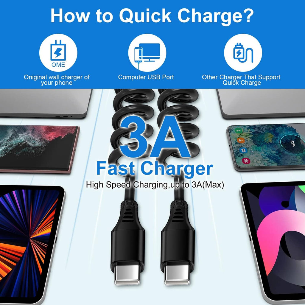 Coiled USB-C charging cable, black, showing two USB-C ends for quick charging