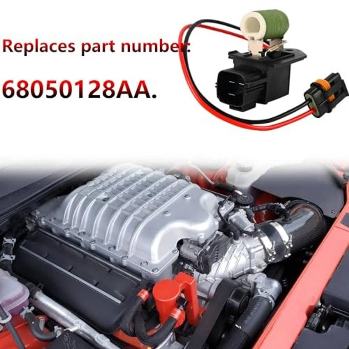 Radiator fan motor wiring harness with green coil, black plug, and red wire leads