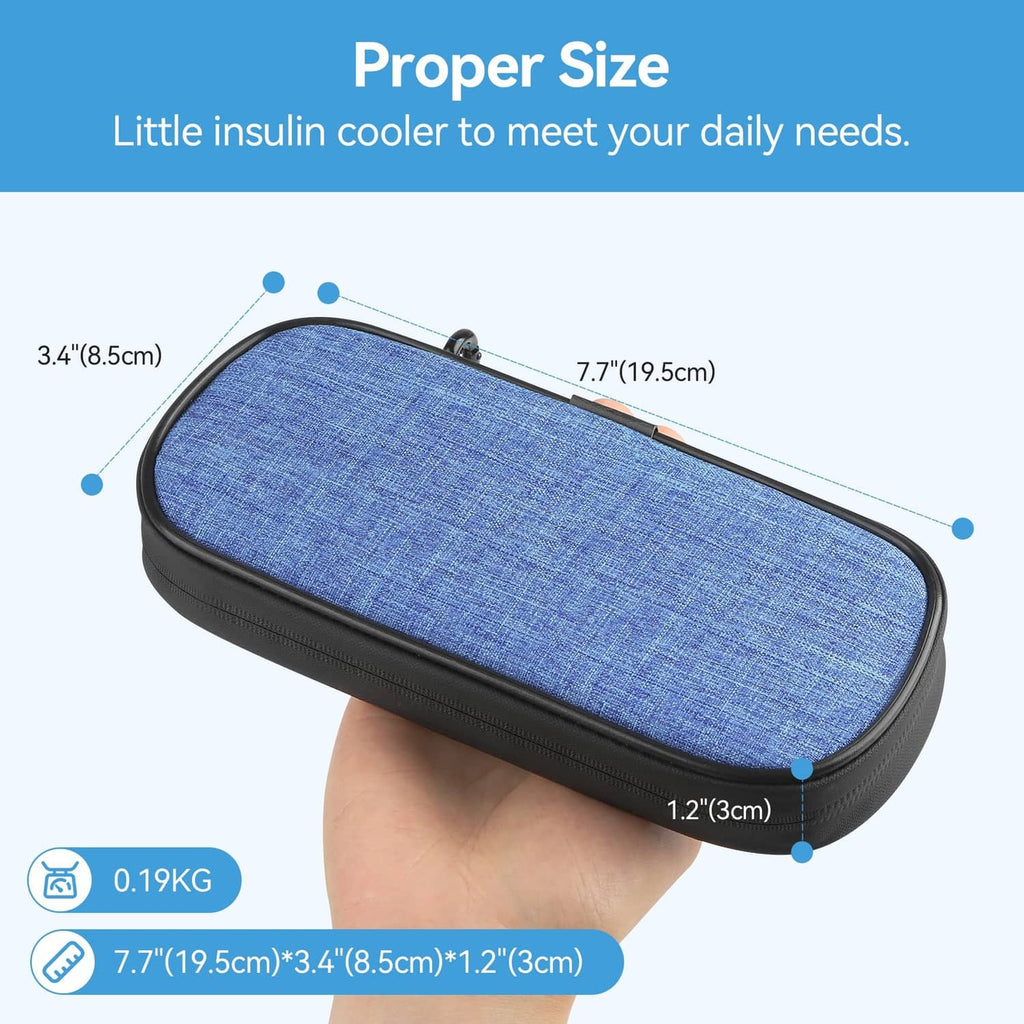 Blue insulated insulin travel cooler case shown in hand, compact and travel-ready.