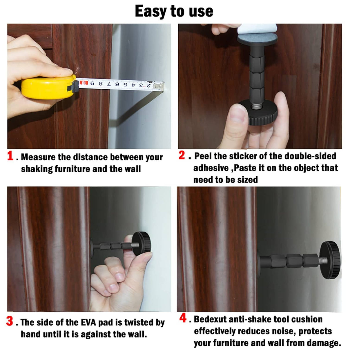 Black threaded headboard stoppers with adhesive-backed setup for mounting on wood