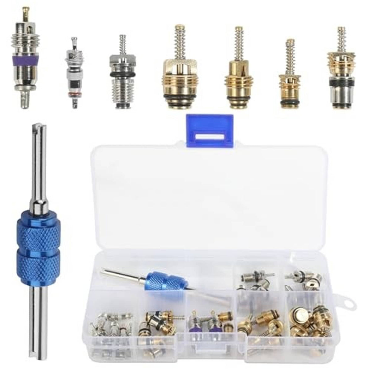 AC Schrader valve core kit set with brass and silver valve cores plus disassembly tool