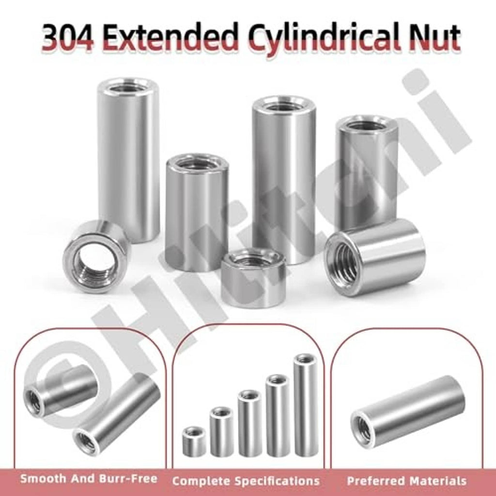 304 stainless extended cylindrical nuts with internal threads, shown as loose pieces