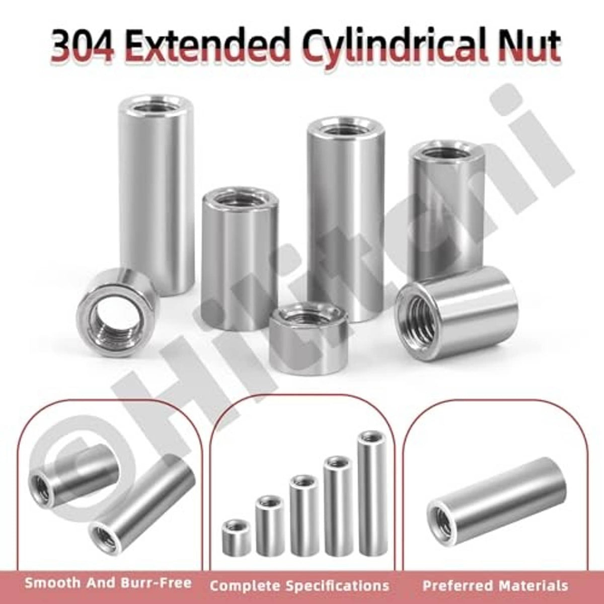 304 stainless extended cylindrical nuts with internal threads, shown as loose pieces