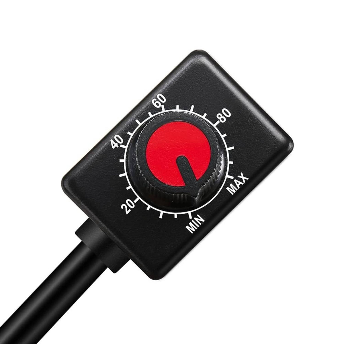 Compact black LED dimmer with red rotary dial and MIN to MAX scale