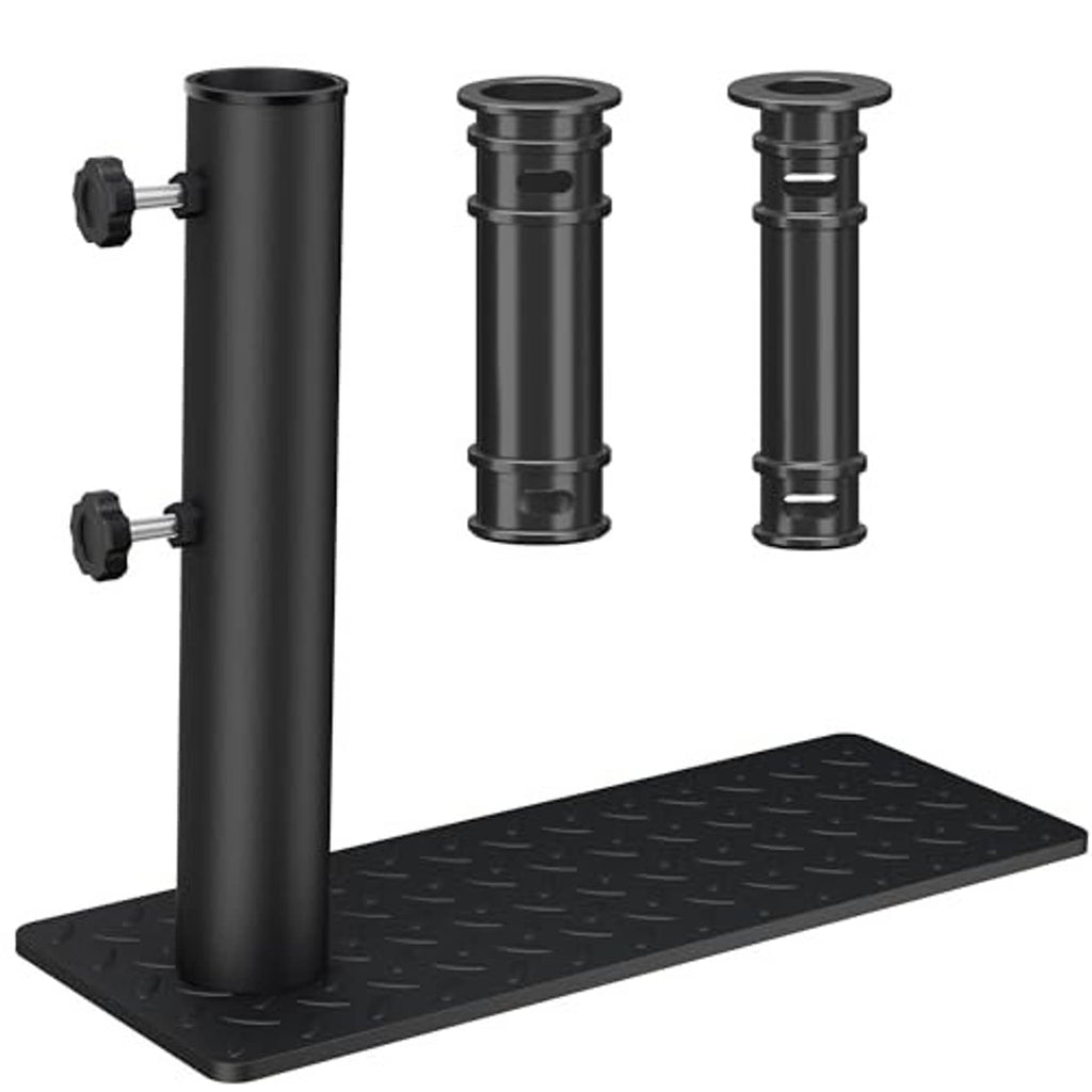 Black tire-mount flag pole holder with diamond-plate base and three pole sleeves