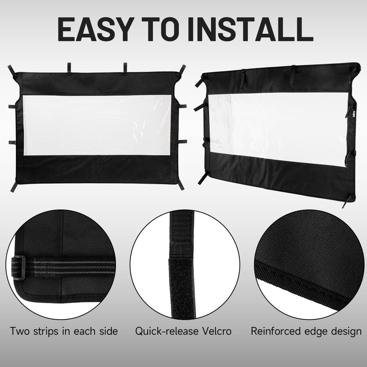Soft UTV rear windshield with quick-release Velcro and reinforced edge design