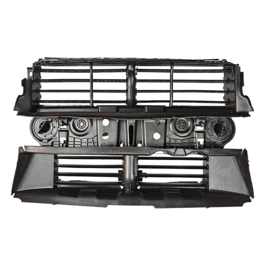Car front grille shutter assembly with motor, black horizontal slats and circular housings