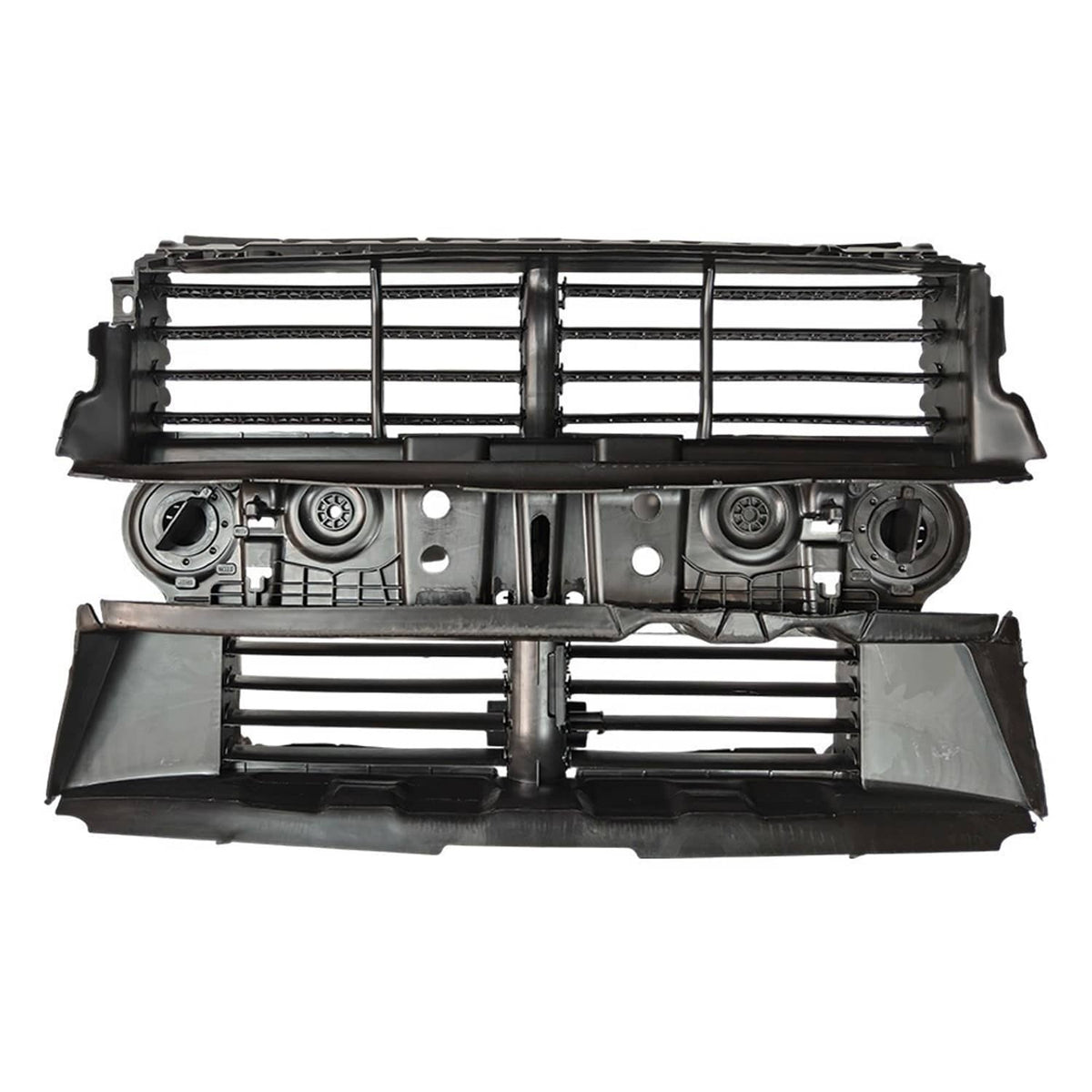 Car front grille shutter assembly with motor, black horizontal slats and circular housings