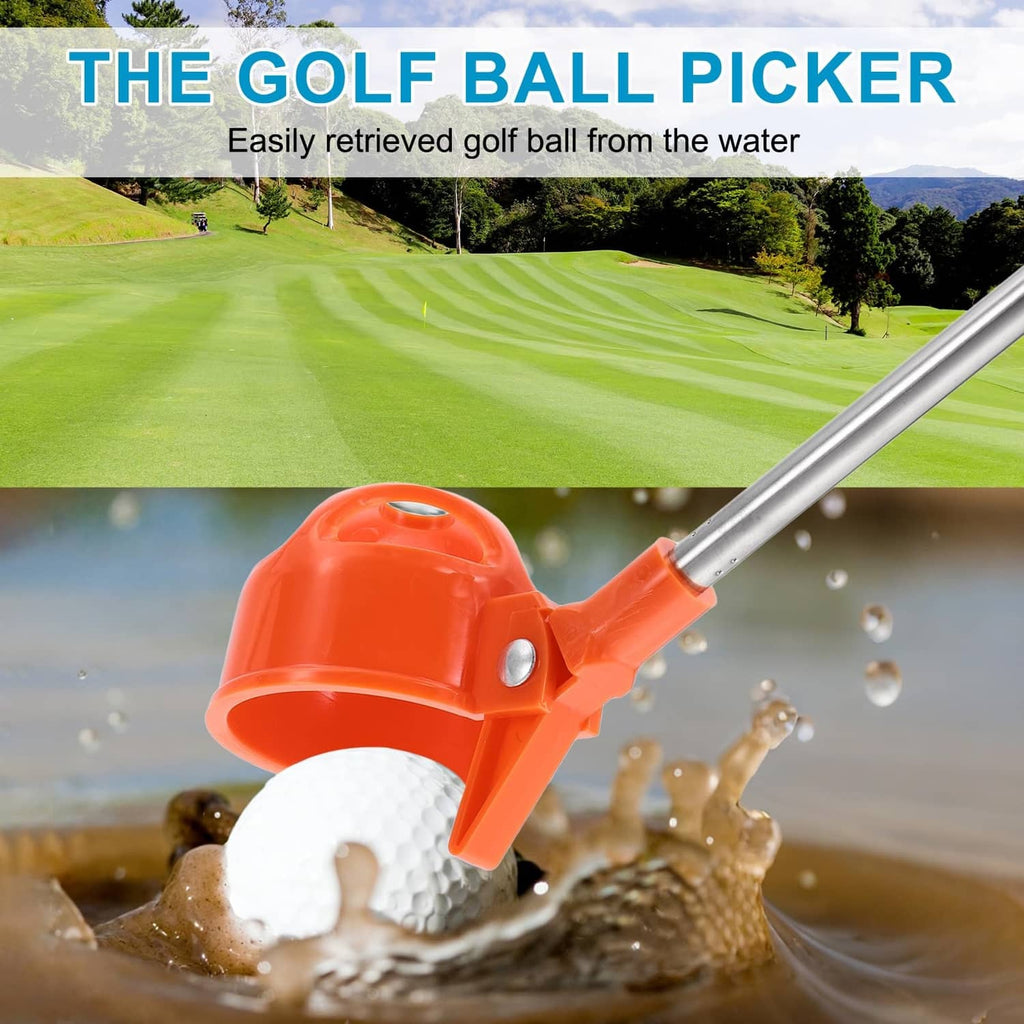 Golf ball retriever picker head with orange claw lifting a ball from water