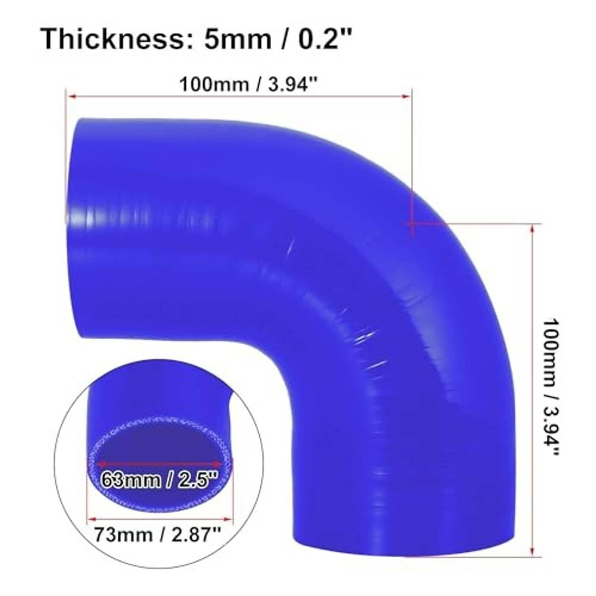 Blue 90-degree silicone hose elbow, 5mm thick, 63mm to 73mm reducer size