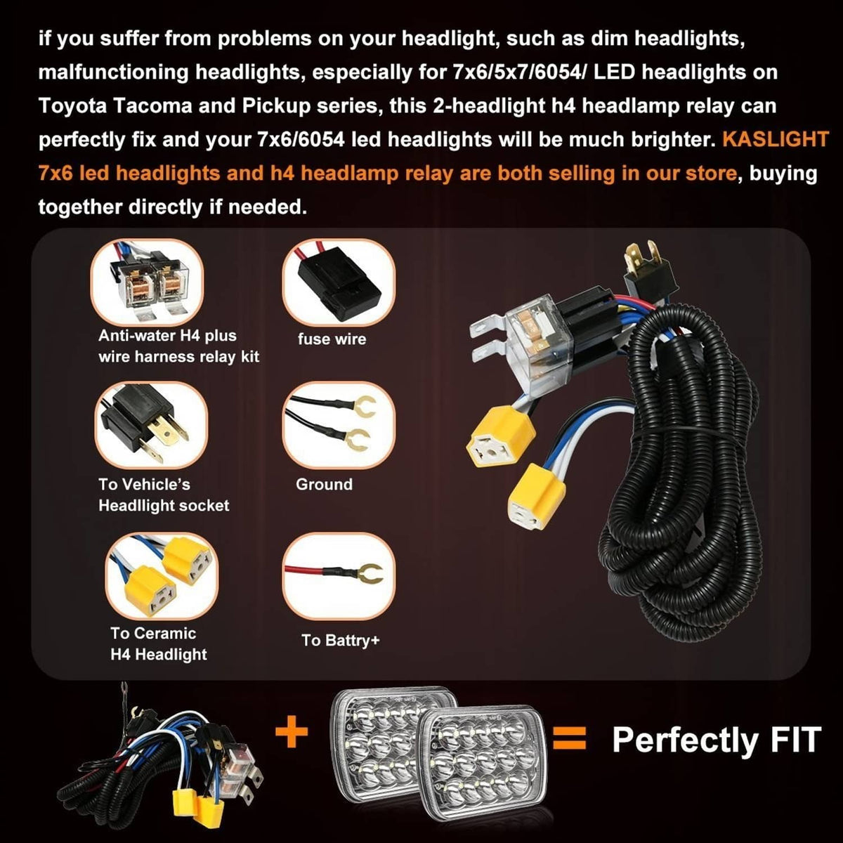 Headlight relay wiring harness with fuse wire, ground leads, and relay sockets