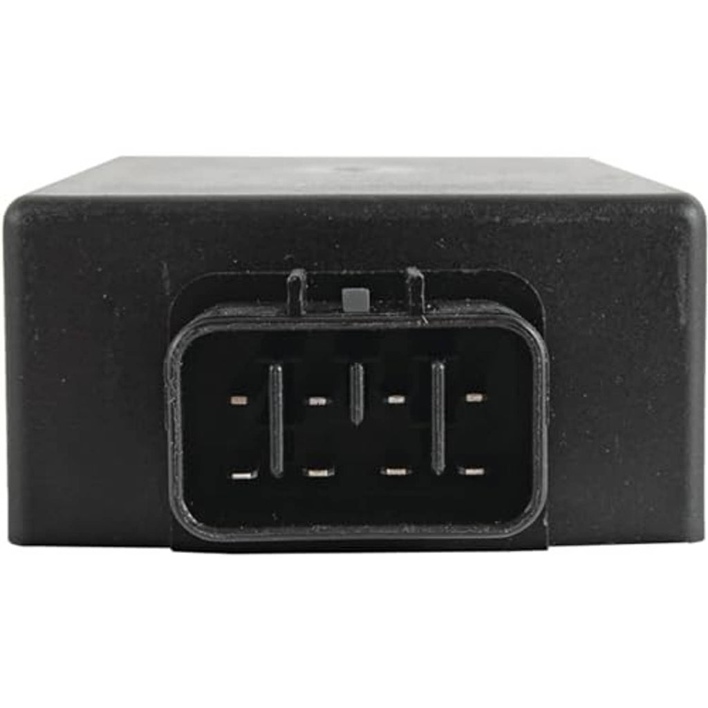 Black CDI ignition module front with rectangular multi-pin port and visible pins