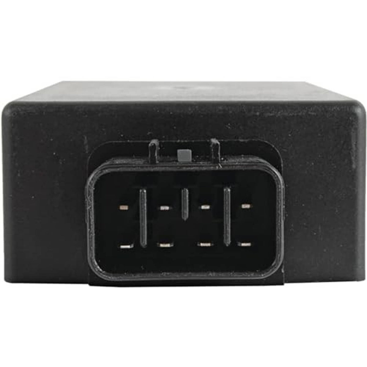 Black CDI ignition module front with rectangular multi-pin port and visible pins