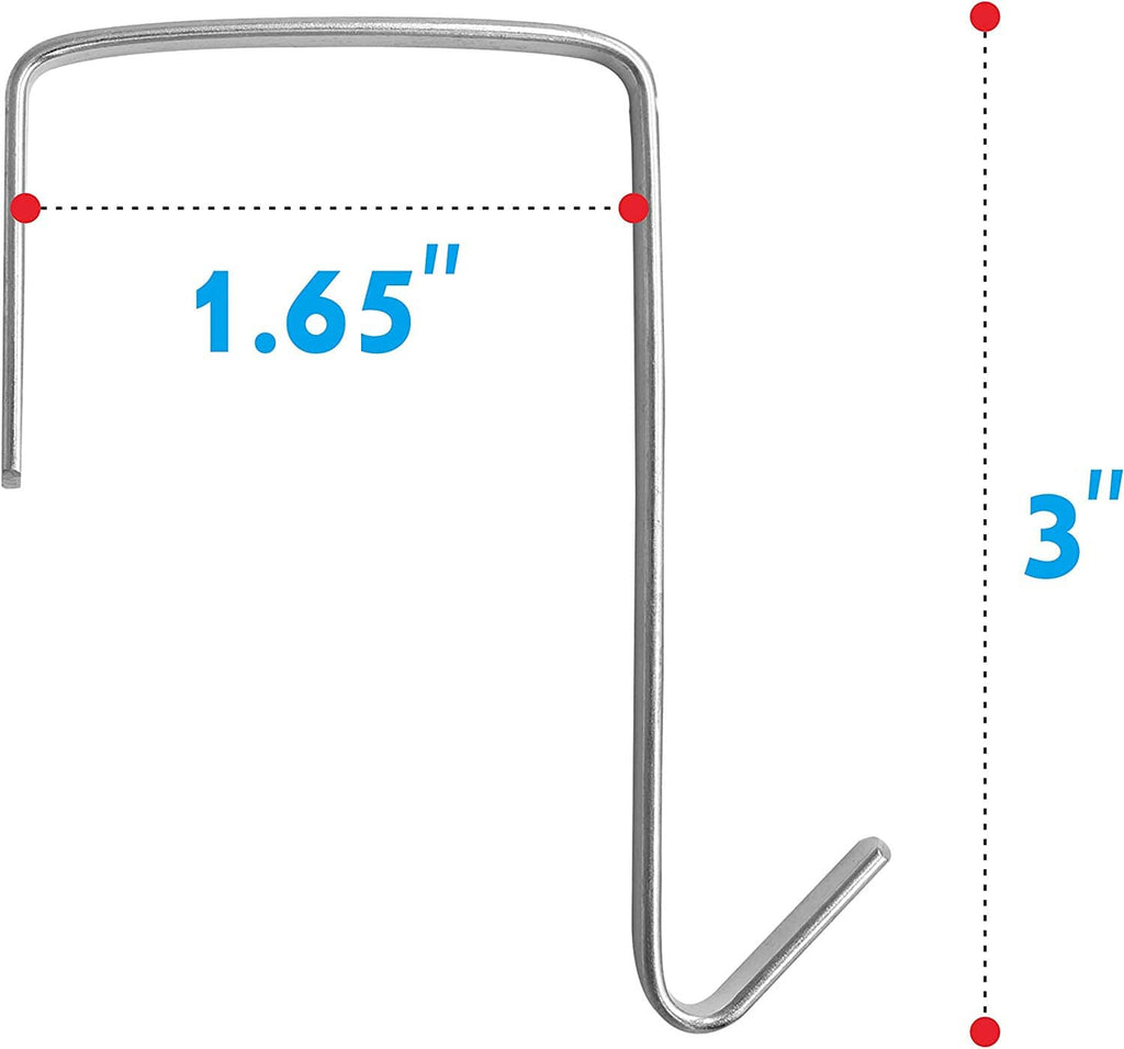 Over-the-door metal hook hanger shown with 1.65 in opening and 3 in clearance