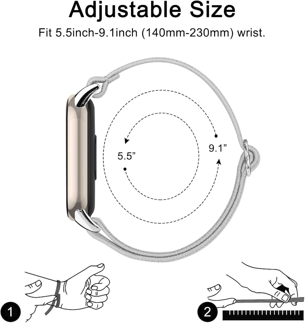 Gray adjustable elastic smartwatch band with metal clasp and loop
