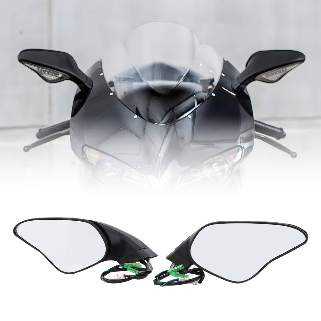 Pair of black motorcycle rearview mirrors with clear LED lenses and wiring harness