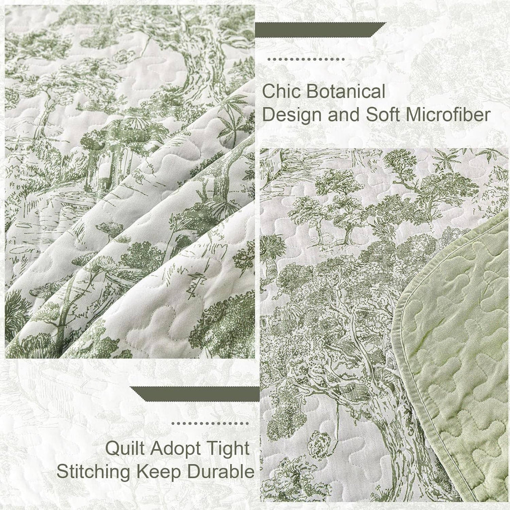 Sage green botanical quilt detail showing soft microfiber quilting and stitched texture