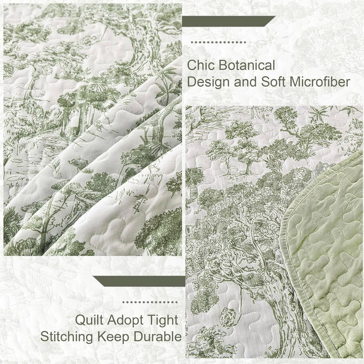 Sage green botanical quilt detail showing soft microfiber quilting and stitched texture