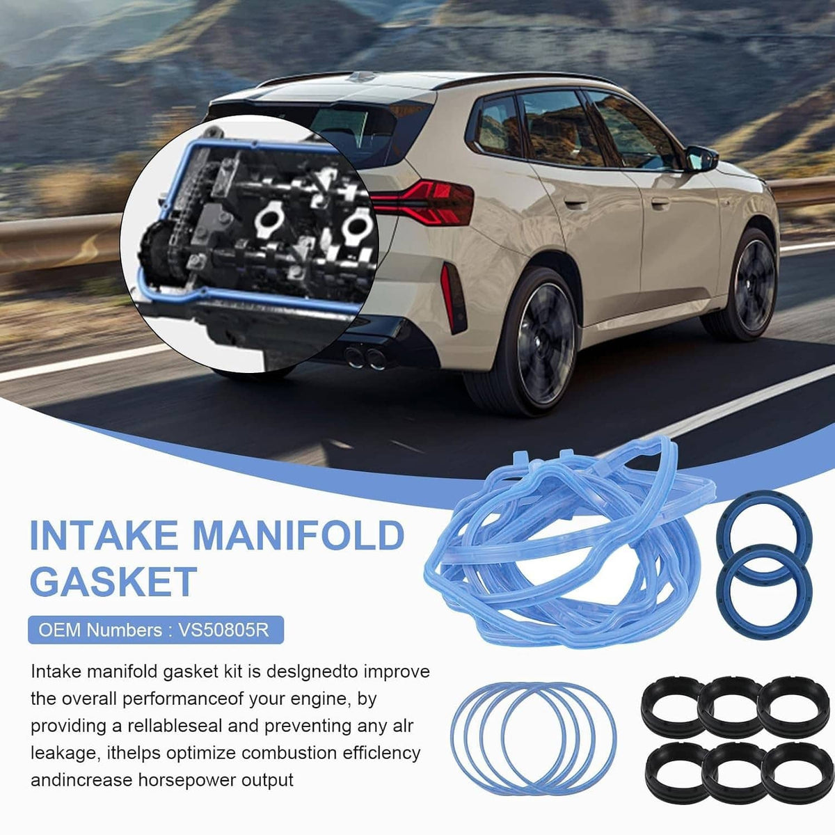 Valve cover gasket kit with blue gasket material, black seals, and O-rings