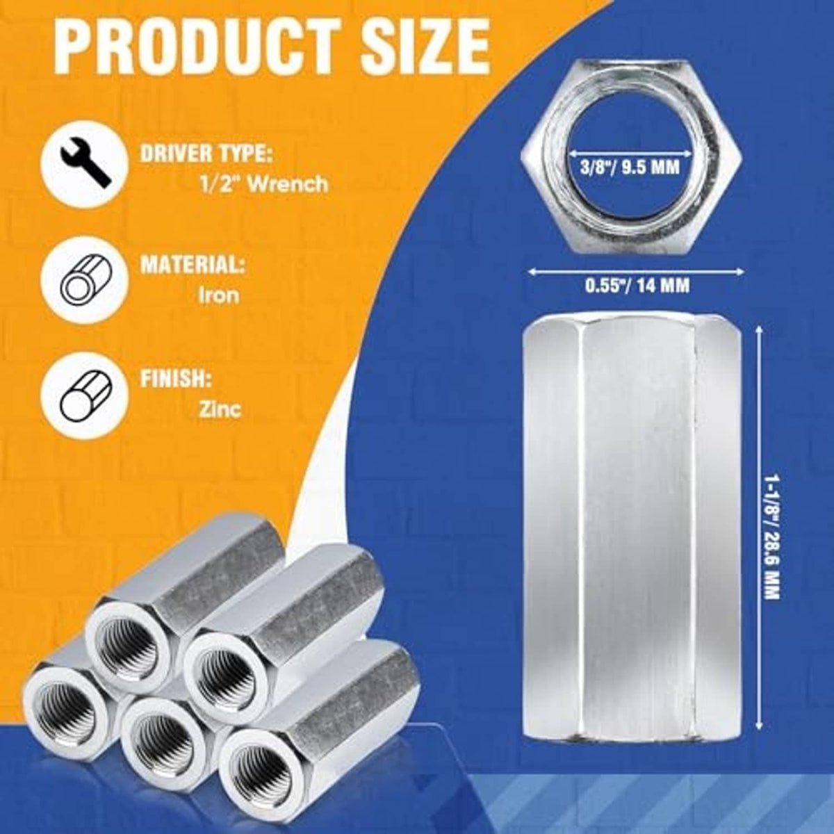 Zinc-plated hex coupling nuts set, angled view of threaded holes