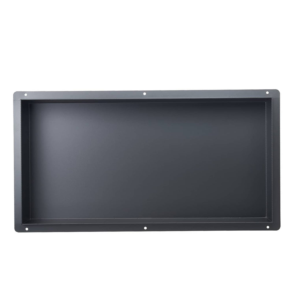 Stainless steel recessed shower niche shelf insert, rectangular opening with dark interior