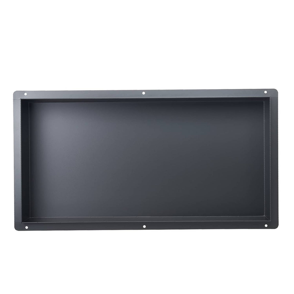 Stainless steel recessed shower niche shelf insert, rectangular opening with dark interior