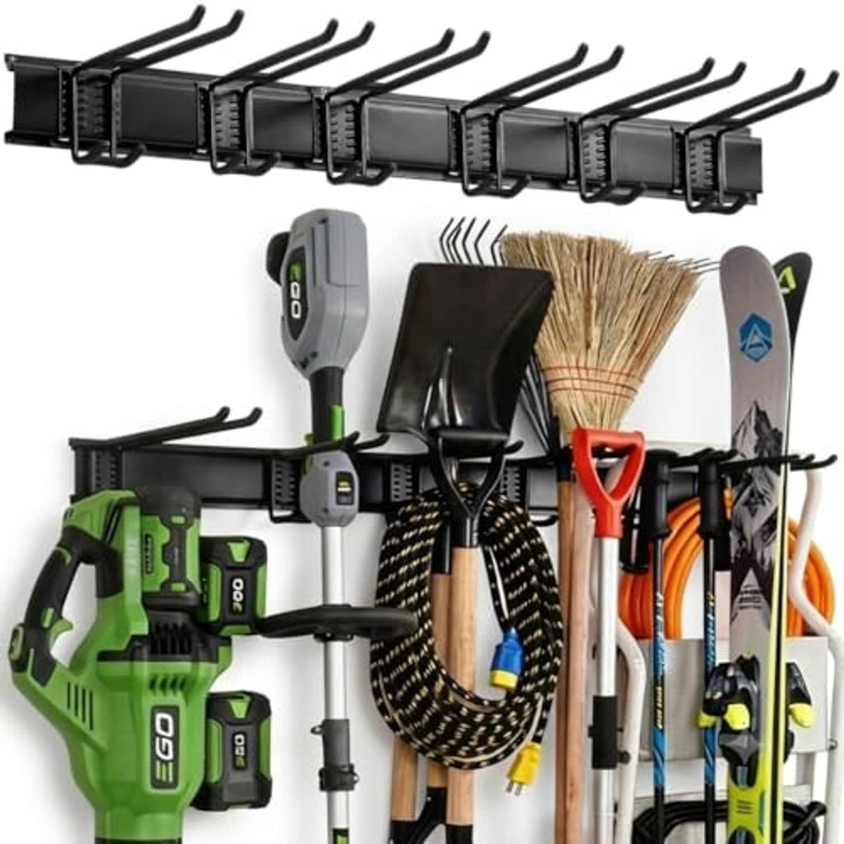 Black 48-inch wall tool organizer with multiple hooks holding assorted yard tools