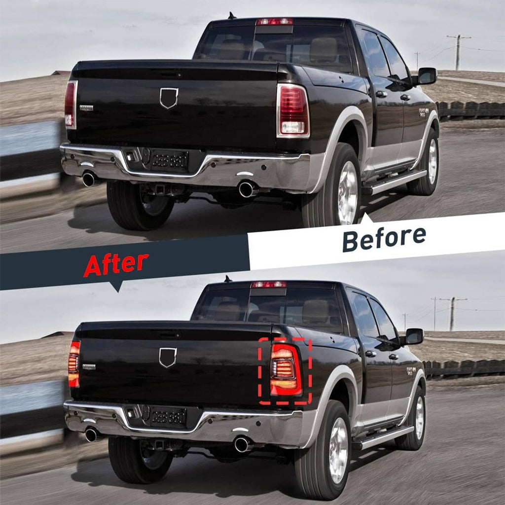 Installed LED tail lights on pickup rear with red and amber running-light glow