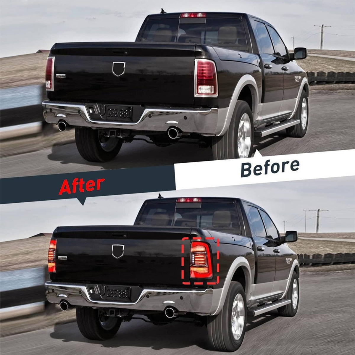 Installed LED tail lights on pickup rear with red and amber running-light glow