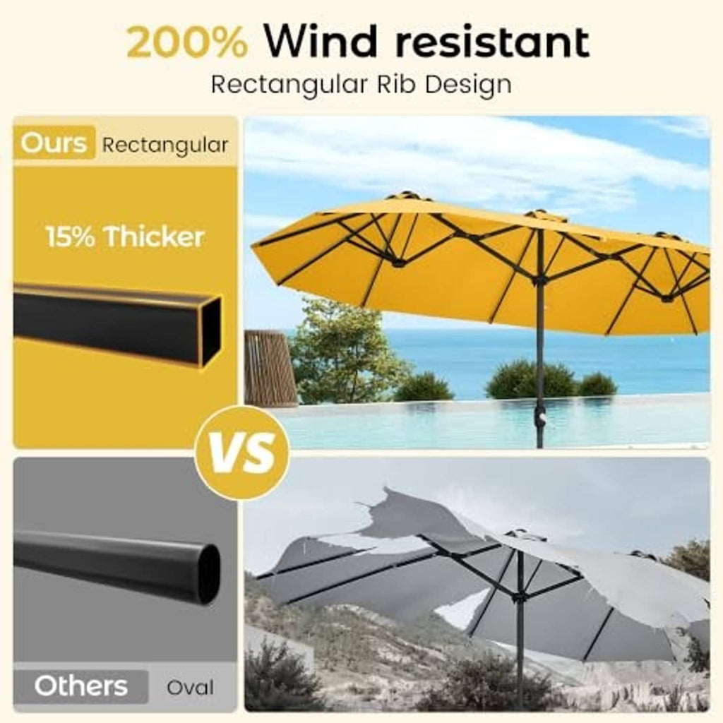 Golden yellow patio umbrella with black ribbed frame near pool water
