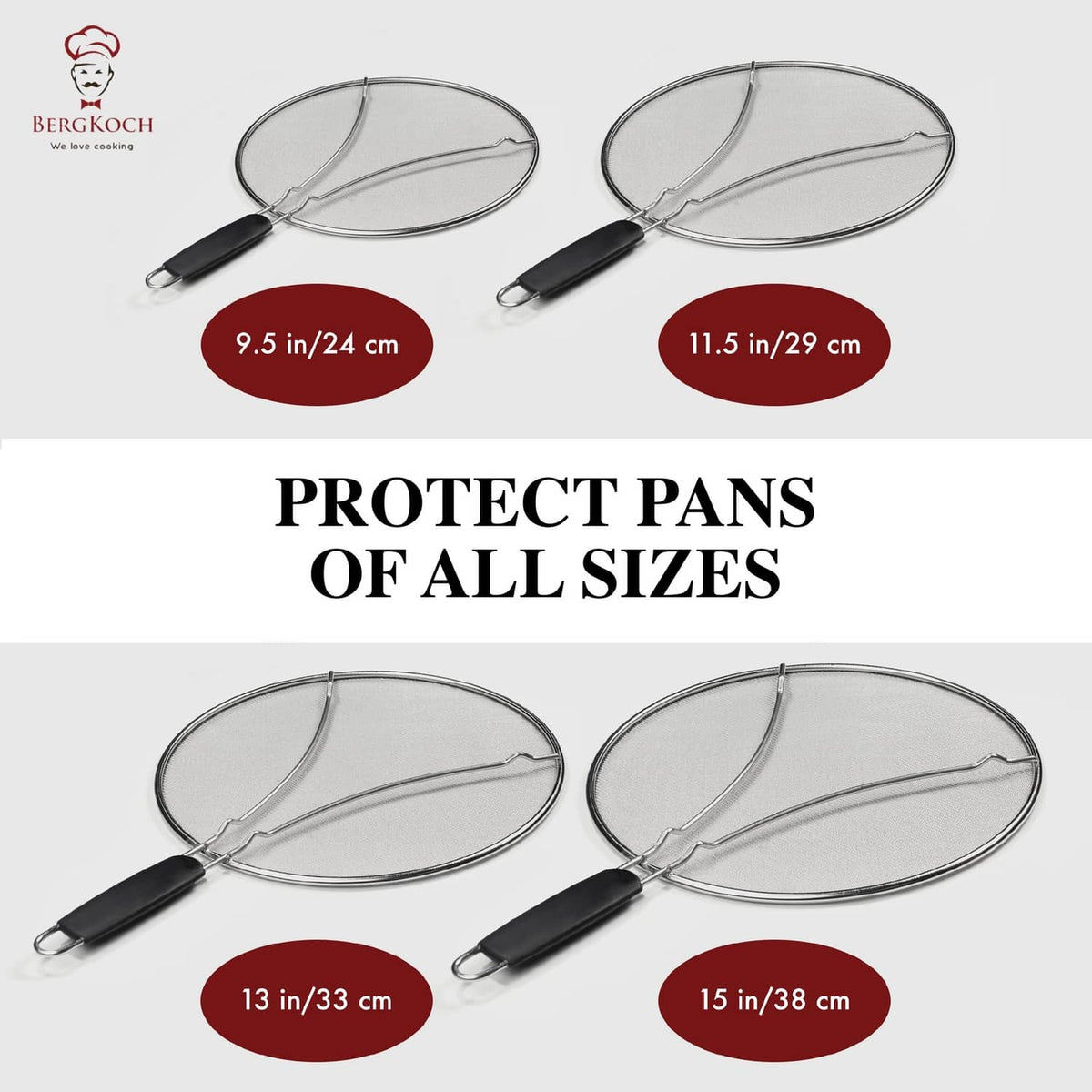 Set of stainless splatter screens in multiple sizes with black handles.