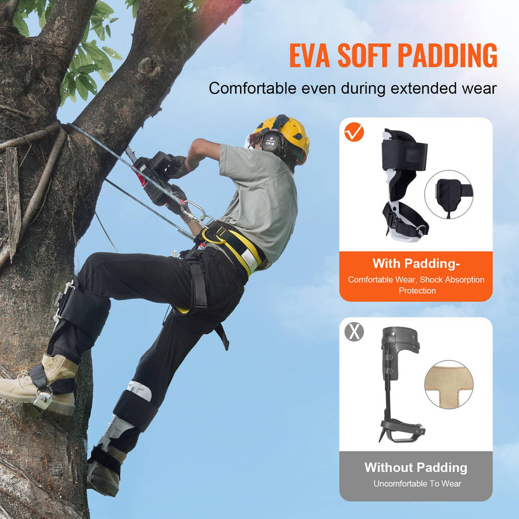 Tree climbing spurs with EVA-style soft padding, adjustable straps, and metal spike tips