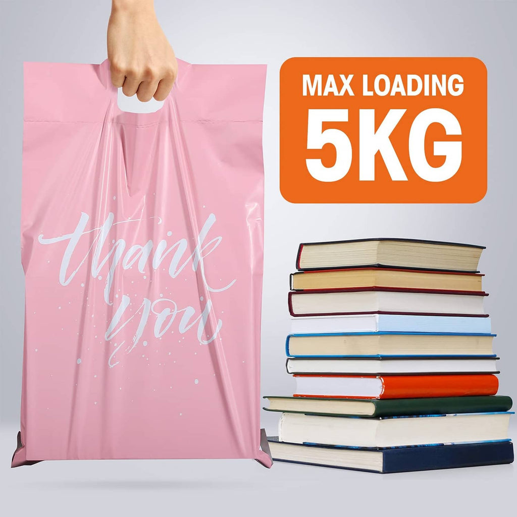 Pink poly mailer with “Thank you” print beside stacked books; max 5kg label