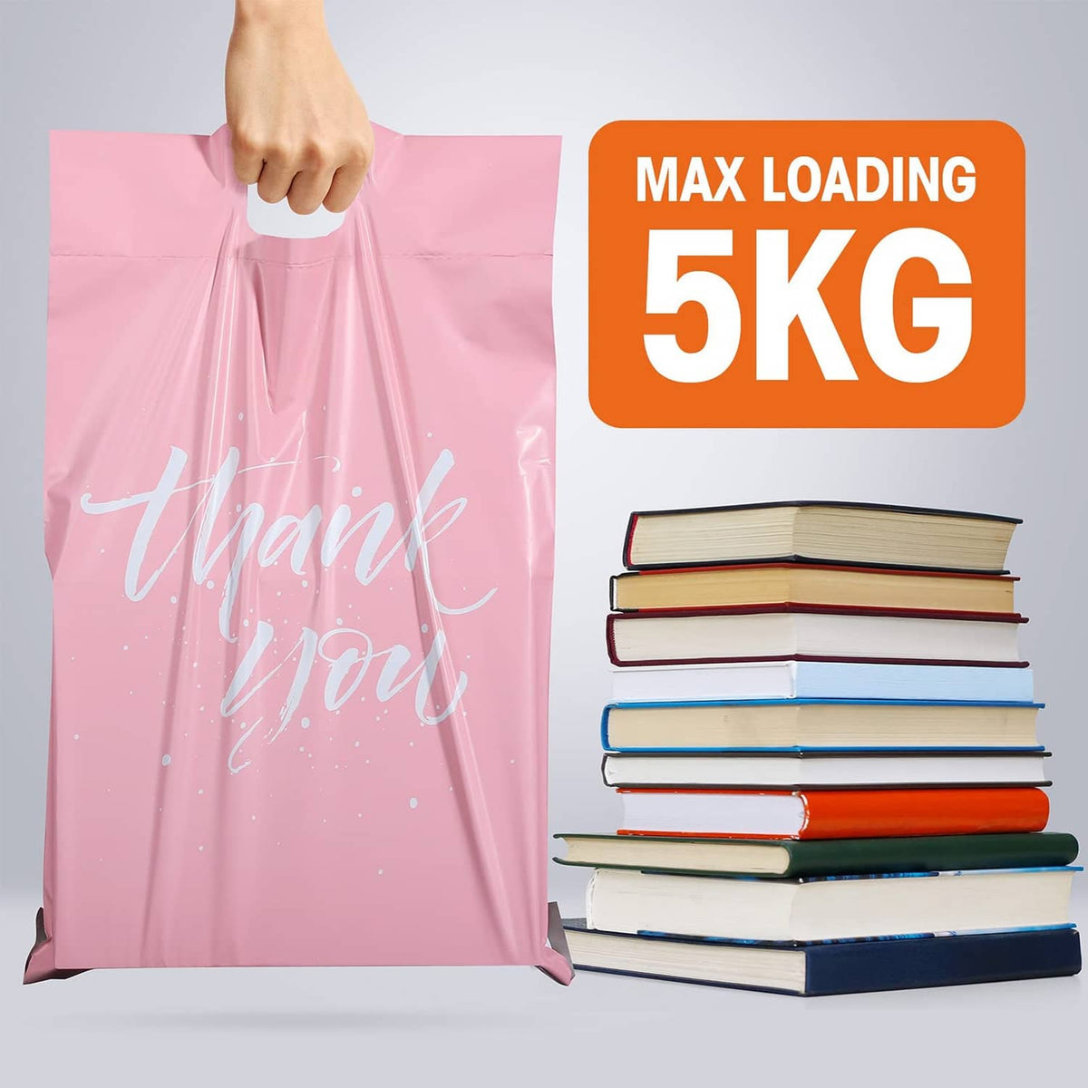 Pink poly mailer with “Thank you” print beside stacked books; max 5kg label