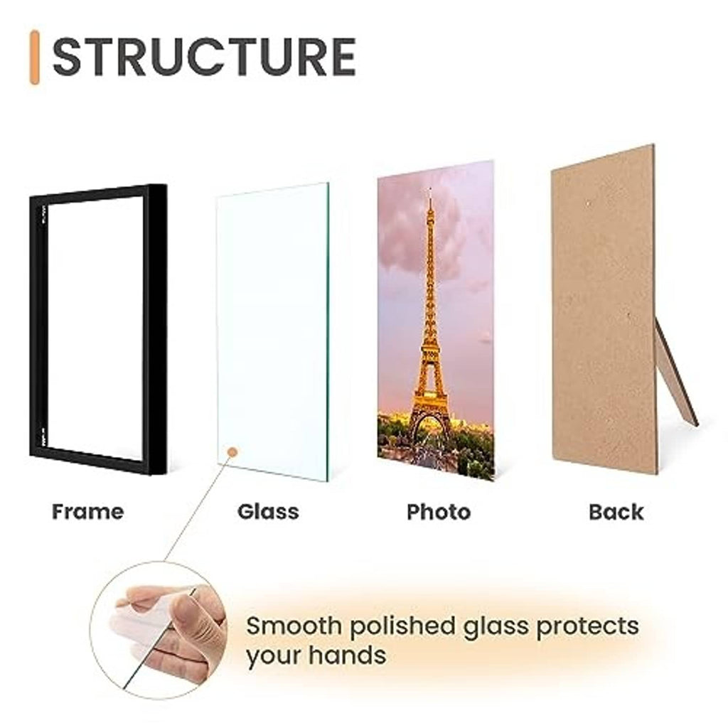 Black 4x6 picture frame set with frame, clear glass, photo insert, and back