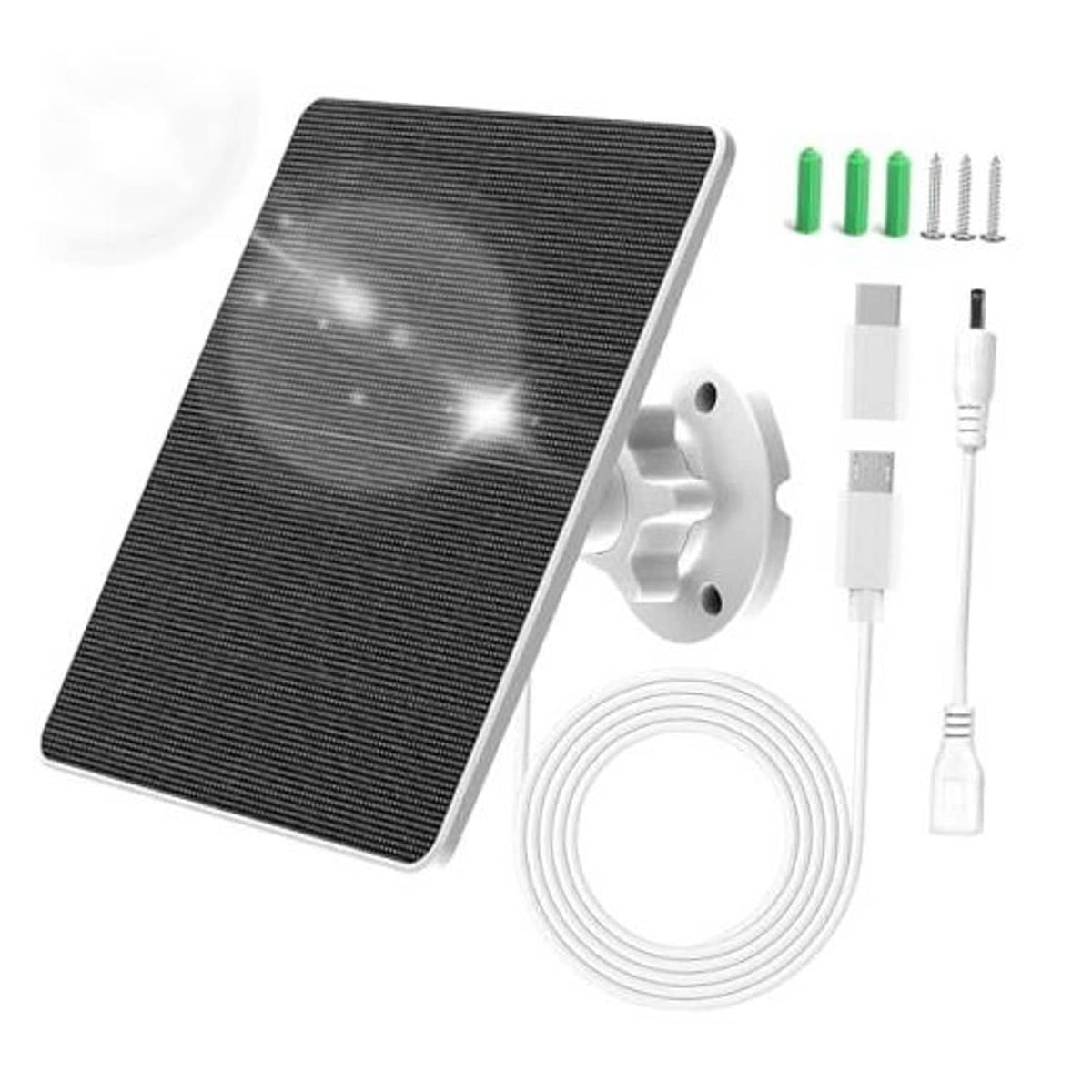 5W solar panel charger kit with black panel, mounting base, and power cables
