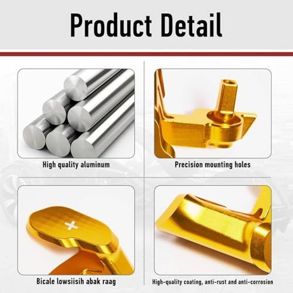 Gold aluminum thumb throttle lever detail with precision mounting holes