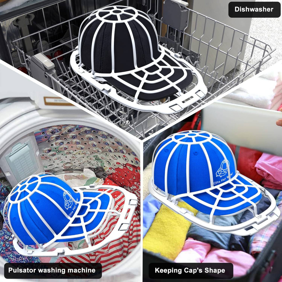 Hat washer frame in a dishwasher rack, holding a blue baseball cap and another cap